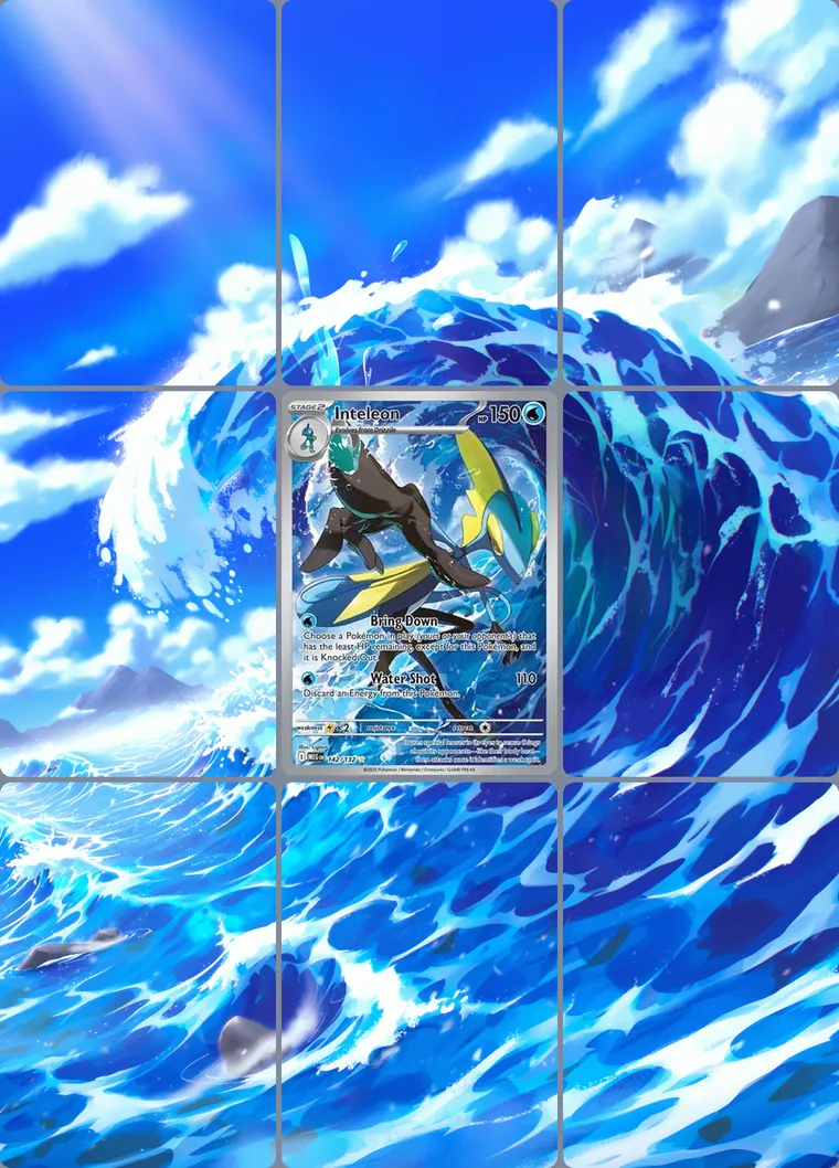 Inteleon 142/132 extended binder art: the card in the centre of a 3×3 binder page, its artwork continuing across the eight cards around it