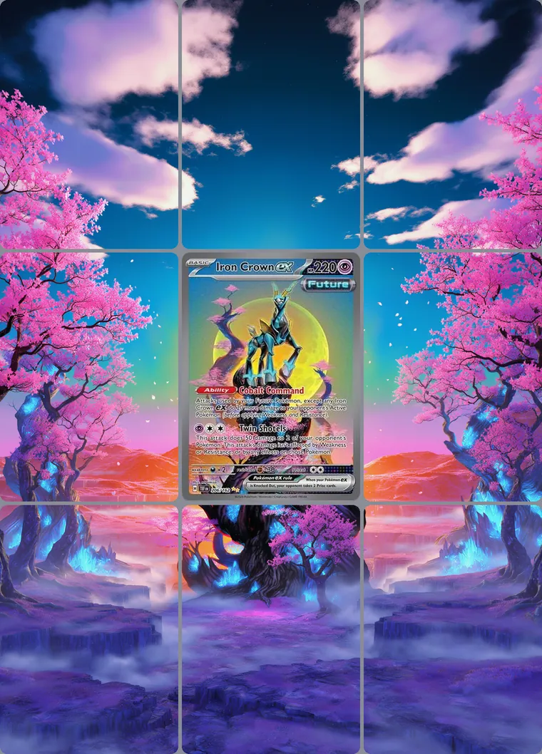 Iron Crown ex 206/162 extended binder art: the card in the centre of a 3×3 binder page, its artwork continuing across the eight cards around it