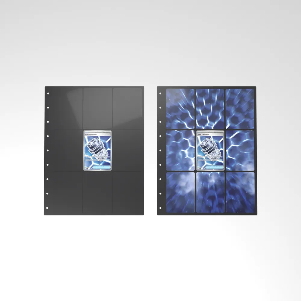 Before and after: the Iron Defender card alone in an empty binder page, then surrounded by its eight extended-art cards