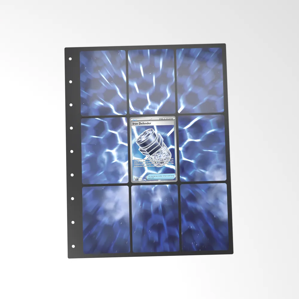 The printed Iron Defender 110/84 set in a 9-pocket binder page, with the card in the centre pocket