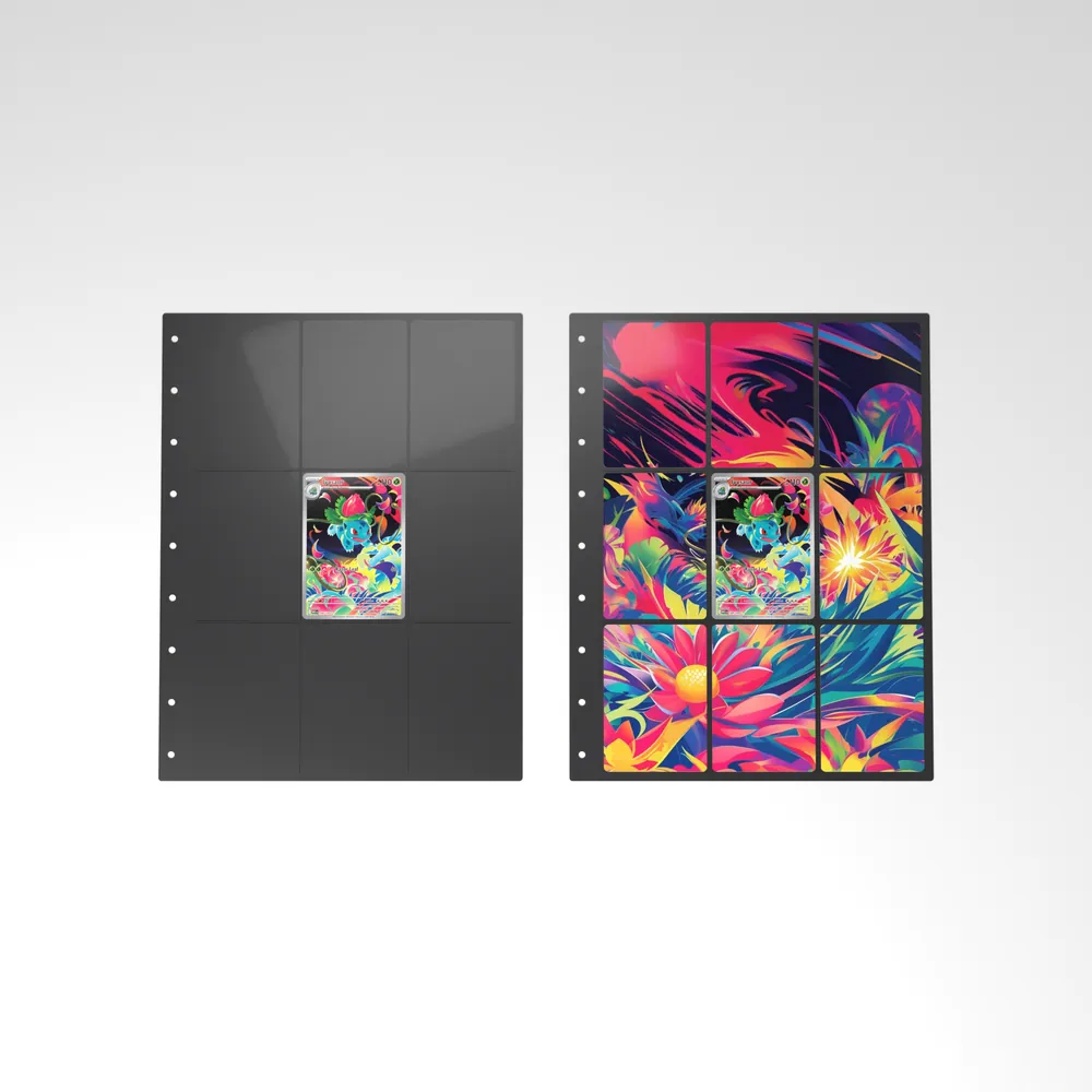 Before and after: the Ivysaur card alone in an empty binder page, then surrounded by its eight extended-art cards
