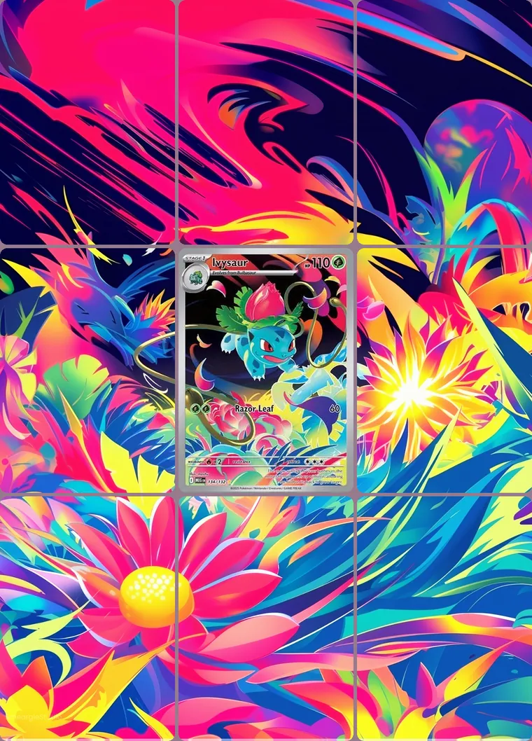 Ivysaur 134/132 extended binder art: the card in the centre of a 3×3 binder page, its artwork continuing across the eight cards around it