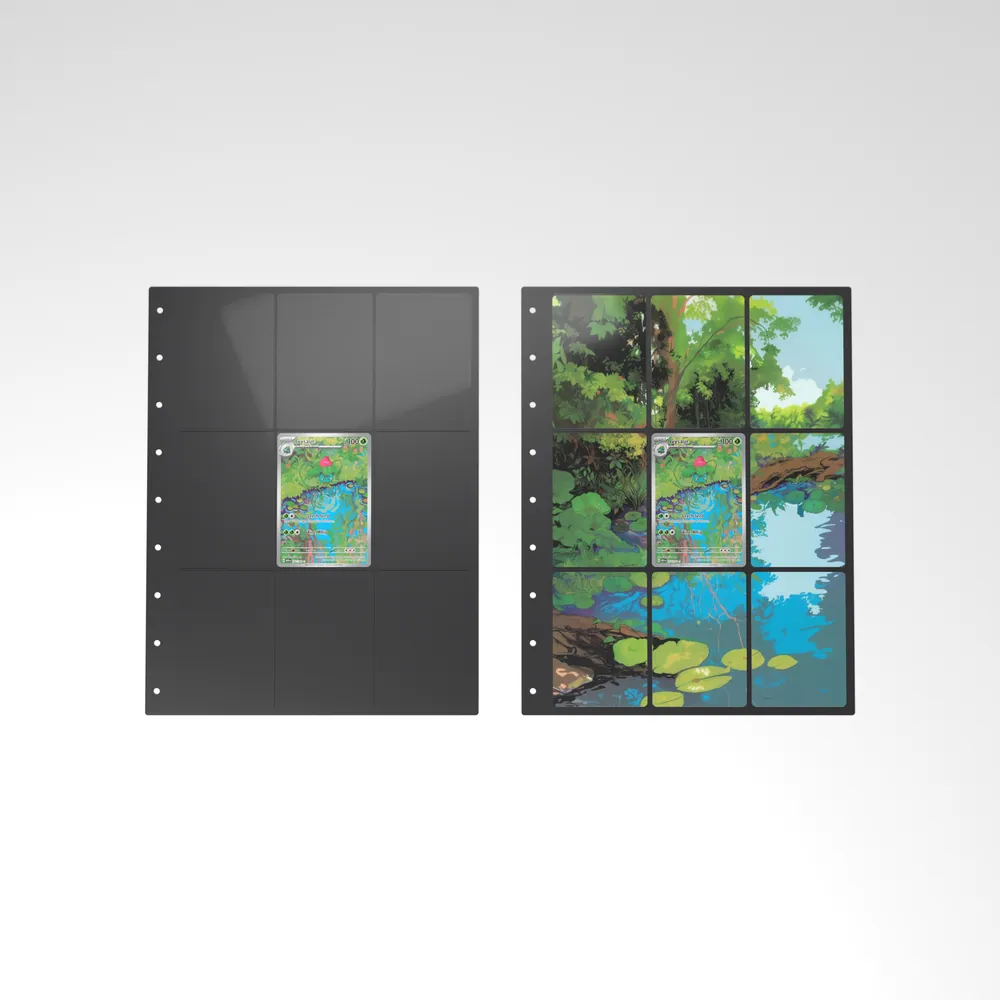 Before and after: the Ivysaur card alone in an empty binder page, then surrounded by its eight extended-art cards
