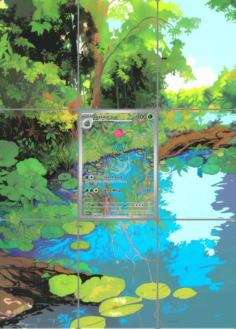 Ivysaur 167/165 extended binder art: the card in the centre of a 3×3 binder page, its artwork continuing across the eight cards around it