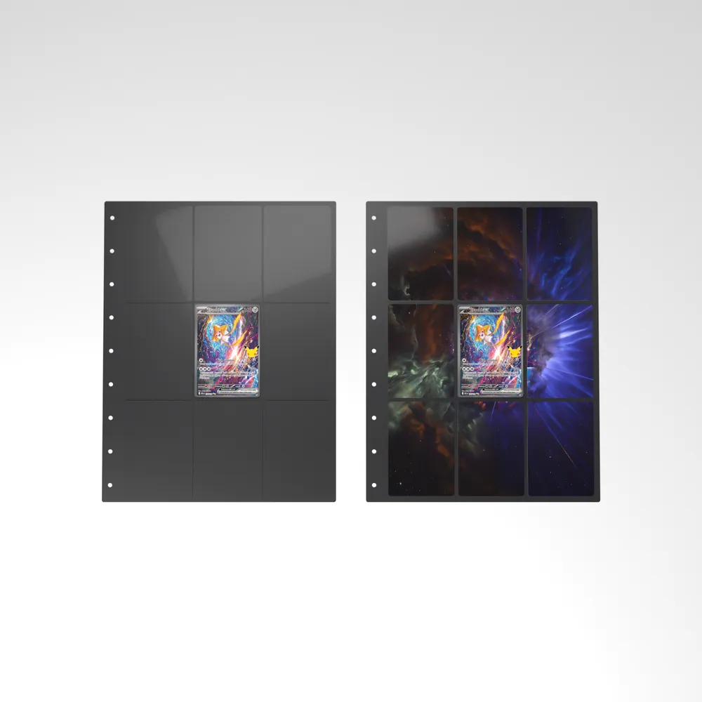 Before and after: the Jirachi ex card alone in an empty binder page, then surrounded by its eight extended-art cards