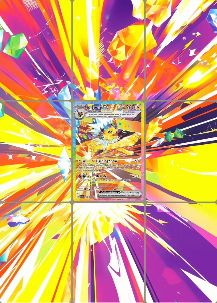 Jolteon ex 153/131 extended binder art: the card in the centre of a 3×3 binder page, its artwork continuing across the eight cards around it
