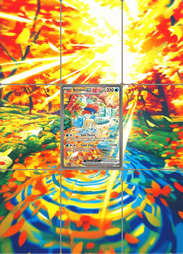 Keldeo ex 167/86 extended binder art: the card in the centre of a 3×3 binder page, its artwork continuing across the eight cards around it