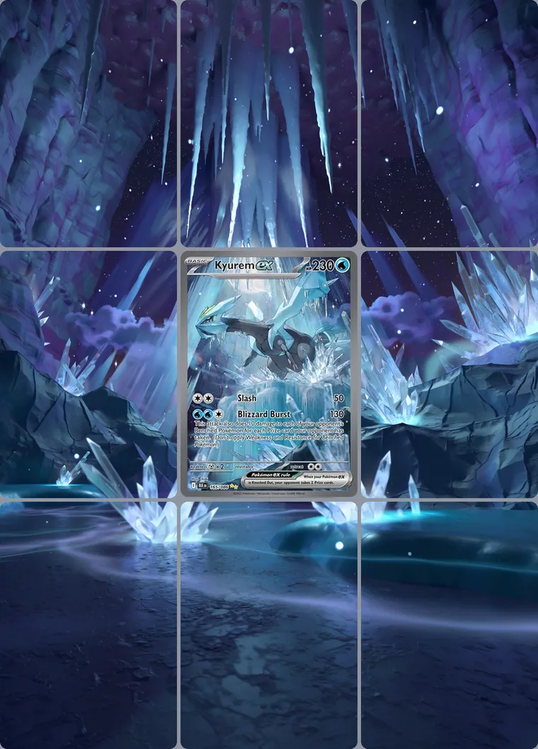 Kyurem ex 165/86 extended binder art: the card in the centre of a 3×3 binder page, its artwork continuing across the eight cards around it