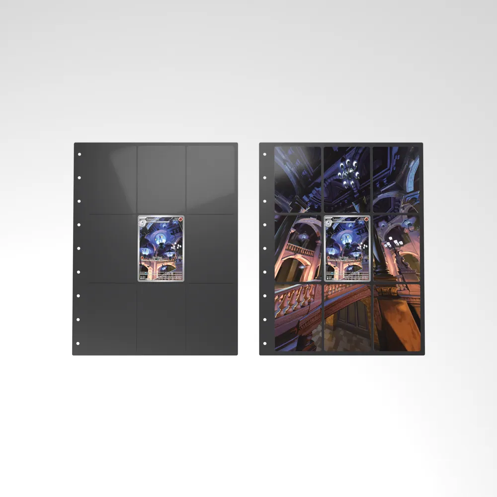 Before and after: the Lampent card alone in an empty binder page, then surrounded by its eight extended-art cards