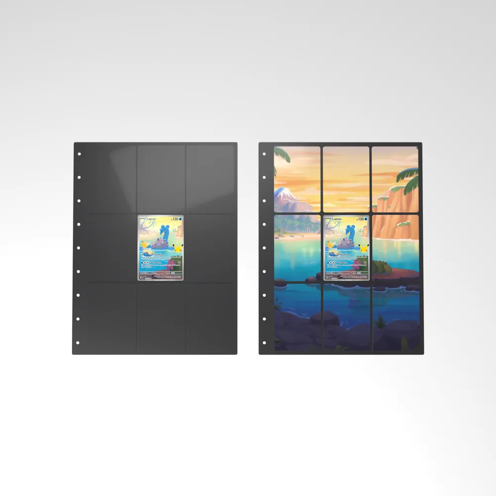 Before and after: the Lapras card alone in an empty binder page, then surrounded by its eight extended-art cards