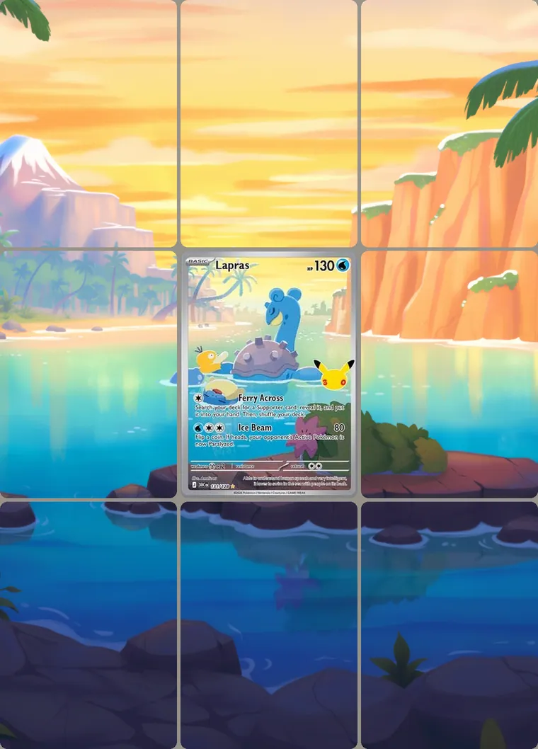 Lapras 131/128 extended binder art: the card in the centre of a 3×3 binder page, its artwork continuing across the eight cards around it