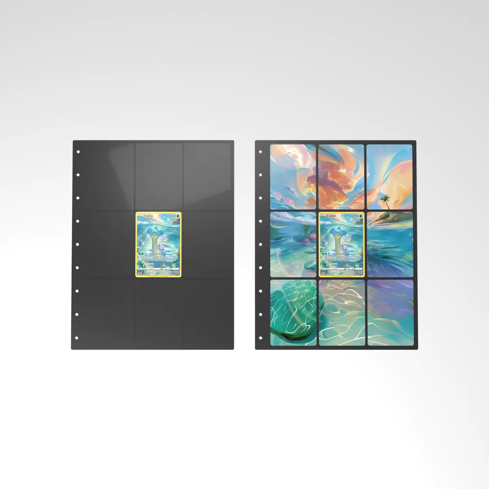 Before and after: the Lapras card alone in an empty binder page, then surrounded by its eight extended-art cards