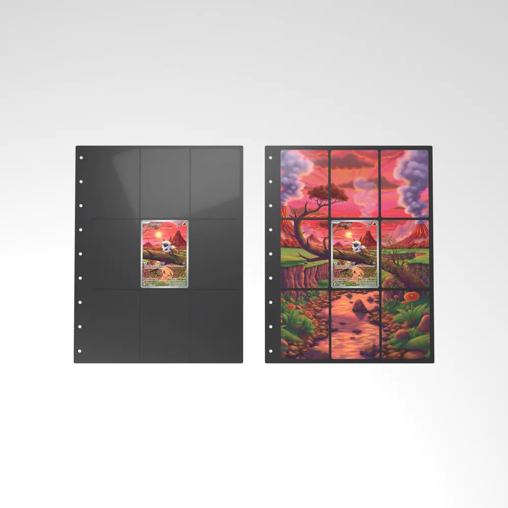Before and after: the Larvesta card alone in an empty binder page, then surrounded by its eight extended-art cards