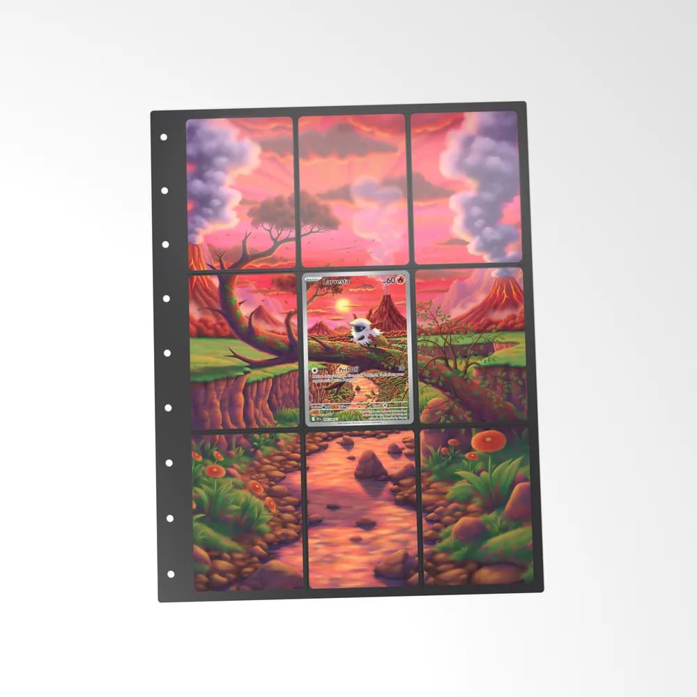 The printed Larvesta 99/86 set in a 9-pocket binder page, with the card in the centre pocket