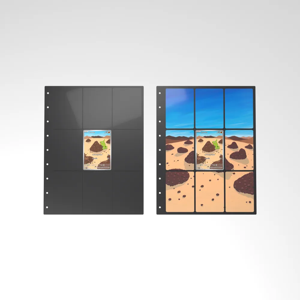 Before and after: the Larvitar card alone in an empty binder page, then surrounded by its eight extended-art cards