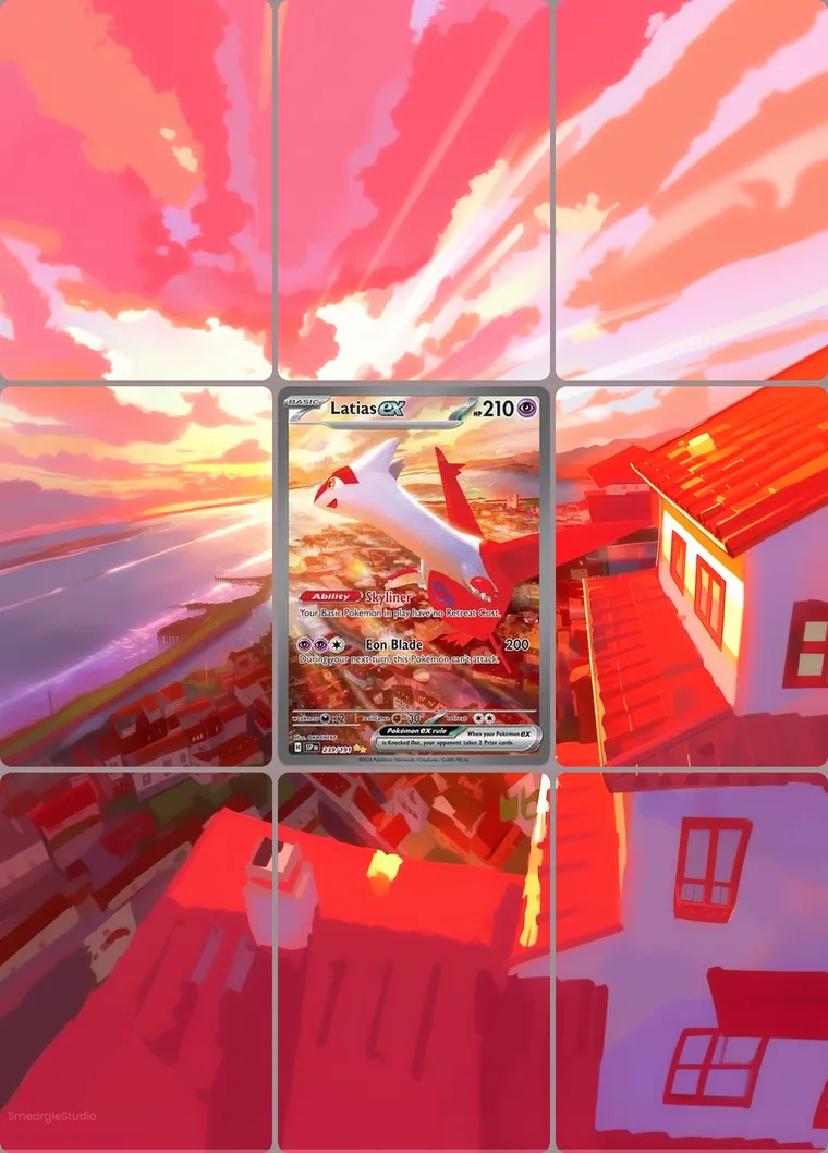 Latias ex 239/191 extended binder art: the card in the centre of a 3×3 binder page, its artwork continuing across the eight cards around it
