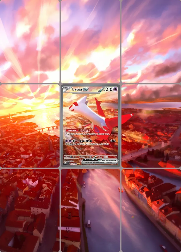 Latias ex 239/191 extended binder art: the card in the centre of a 3×3 binder page, its artwork continuing across the eight cards around it