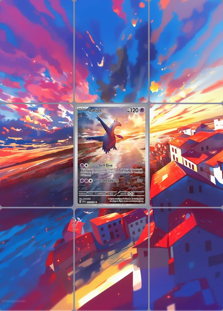 Latios 203/191 extended binder art: the card in the centre of a 3×3 binder page, its artwork continuing across the eight cards around it