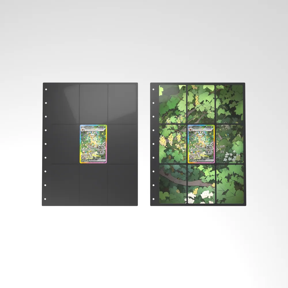 Before and after: the Leafeon ex card alone in an empty binder page, then surrounded by its eight extended-art cards