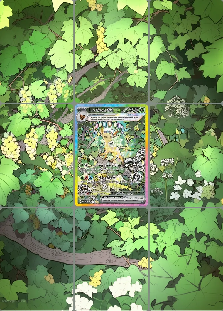 Leafeon ex 144/131 extended binder art: the card in the centre of a 3×3 binder page, its artwork continuing across the eight cards around it