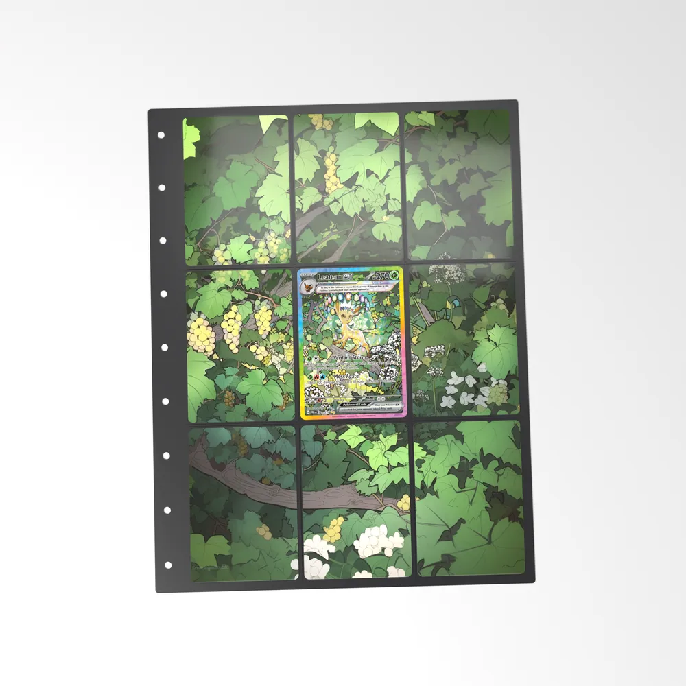 The printed Leafeon ex 144/131 set in a 9-pocket binder page, with the card in the centre pocket