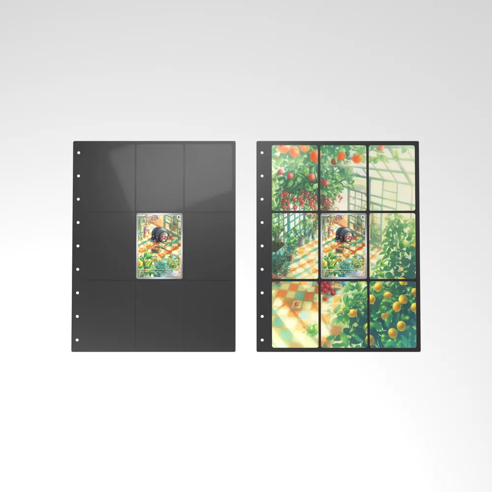 Before and after: the Lechonk card alone in an empty binder page, then surrounded by its eight extended-art cards