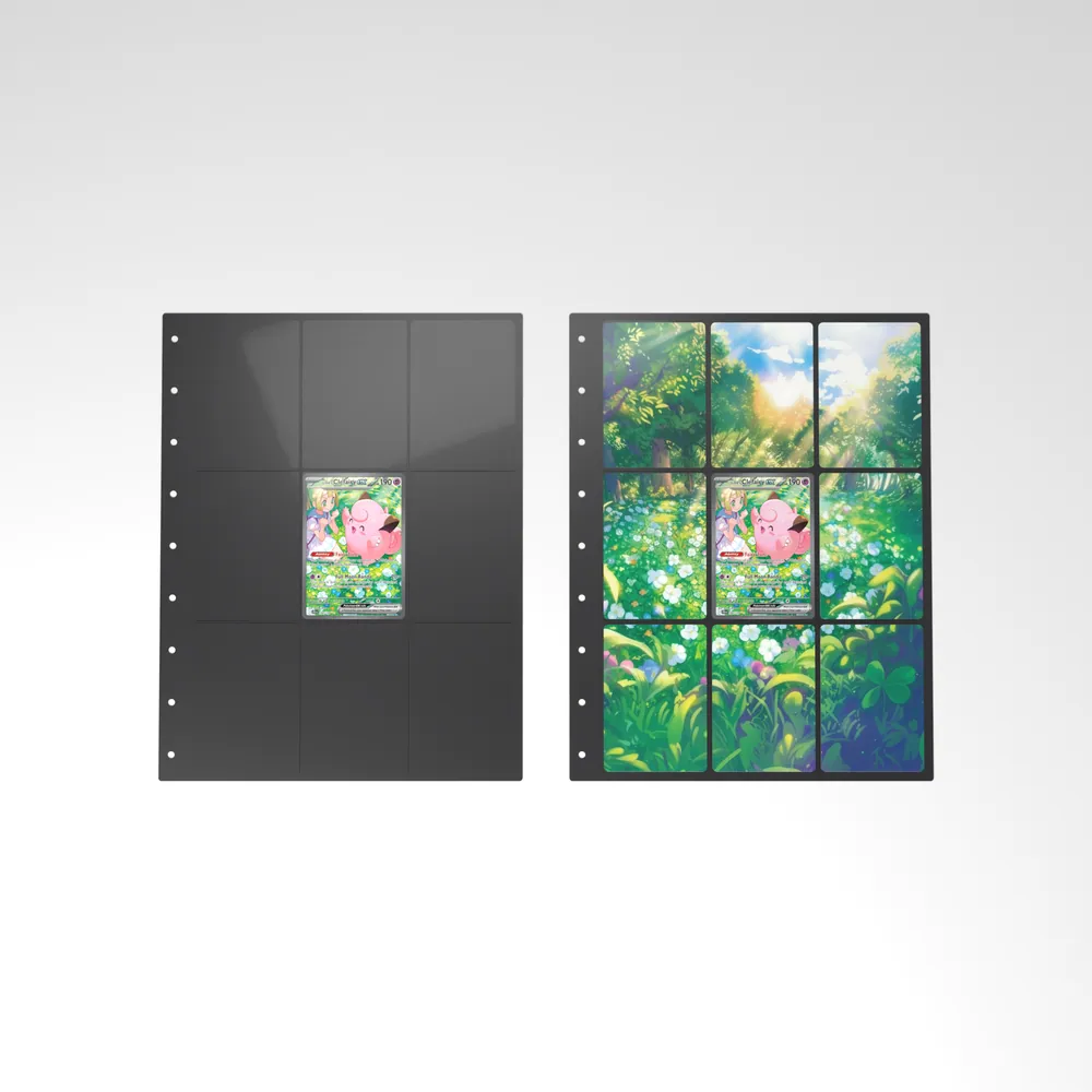 Before and after: the Lillie's Clefairy ex card alone in an empty binder page, then surrounded by its eight extended-art cards