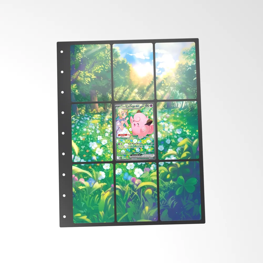The printed Lillie's Clefairy ex 184/159 set in a 9-pocket binder page, with the card in the centre pocket