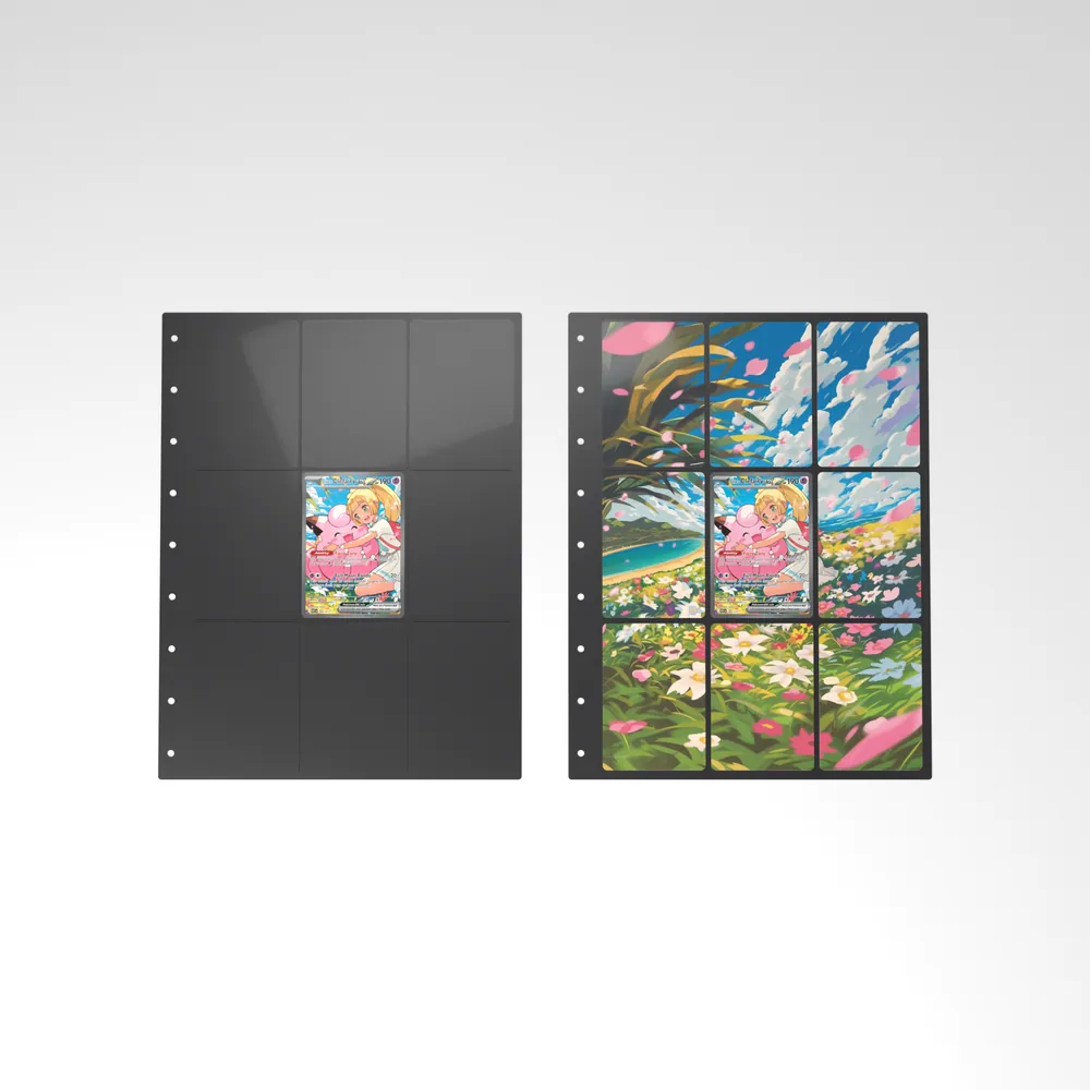Before and after: the Lillie's Clefairy ex card alone in an empty binder page, then surrounded by its eight extended-art cards
