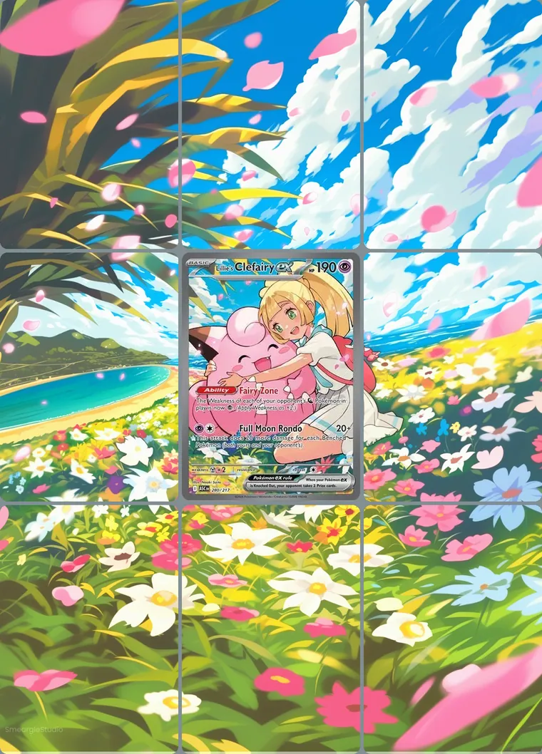 Lillie's Clefairy ex 280/217 extended binder art: the card in the centre of a 3×3 binder page, its artwork continuing across the eight cards around it