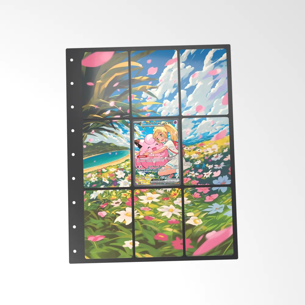 The printed Lillie's Clefairy ex 280/217 set in a 9-pocket binder page, with the card in the centre pocket