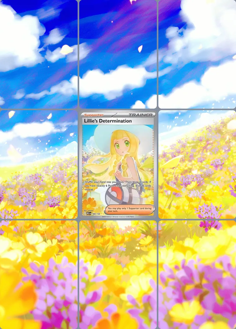 Lillie's Determination 184 extended binder art: the card in the centre of a 3×3 binder page, its artwork continuing across the eight cards around it