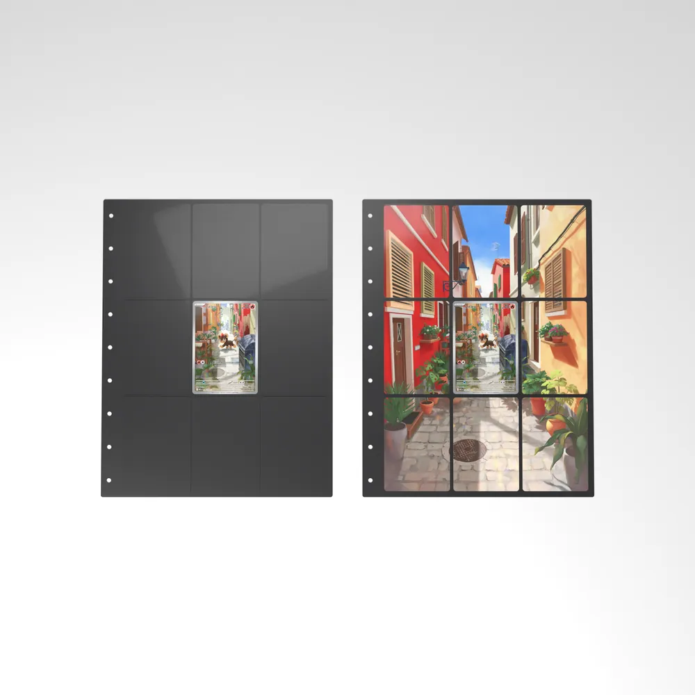 Before and after: the Litleo card alone in an empty binder page, then surrounded by its eight extended-art cards