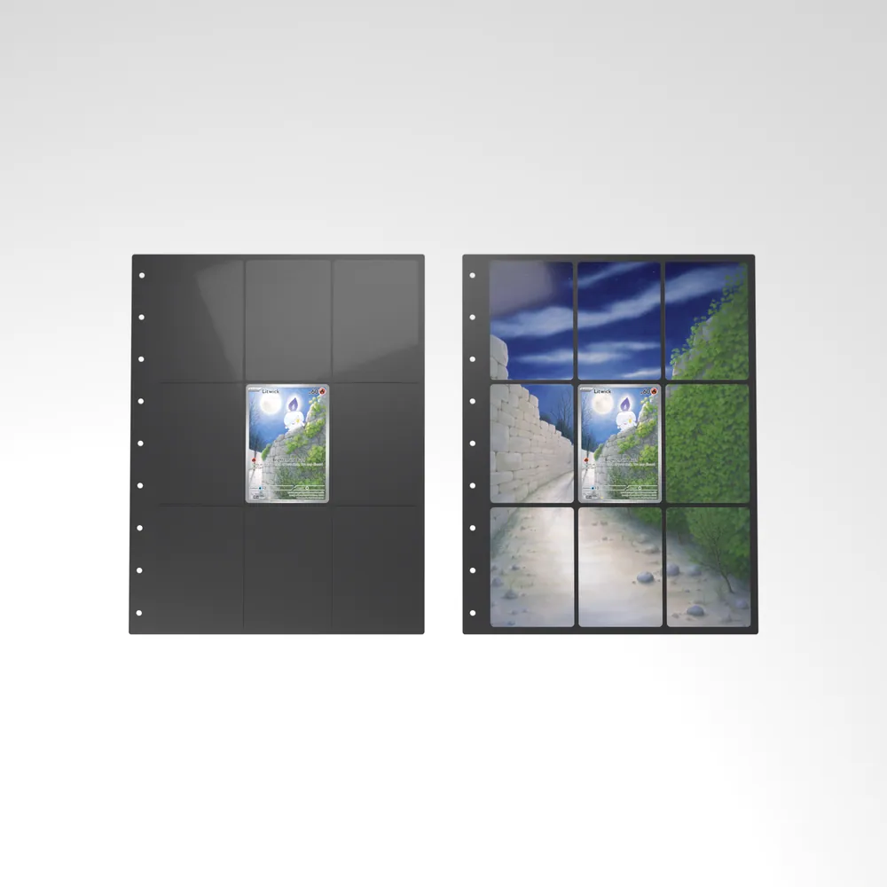 Before and after: the Litwick card alone in an empty binder page, then surrounded by its eight extended-art cards