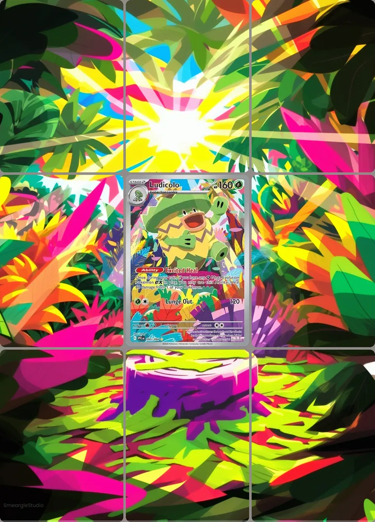 Ludicolo 95/94 extended binder art: the card in the centre of a 3×3 binder page, its artwork continuing across the eight cards around it