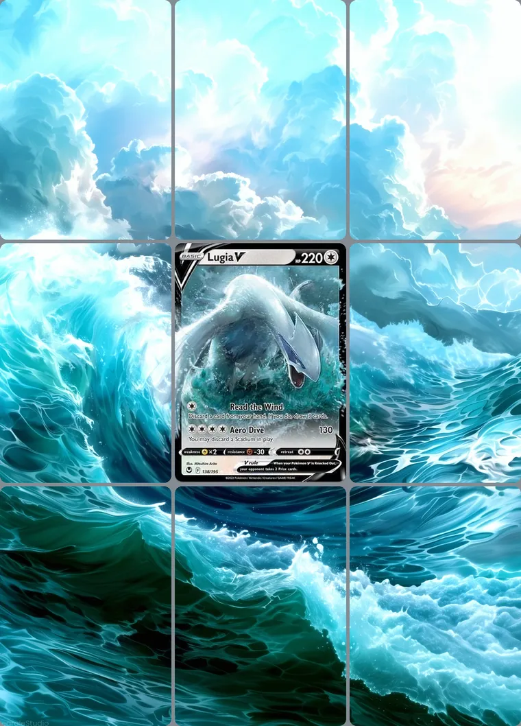 Lugia V 138/195 extended binder art: the card in the centre of a 3×3 binder page, its artwork continuing across the eight cards around it