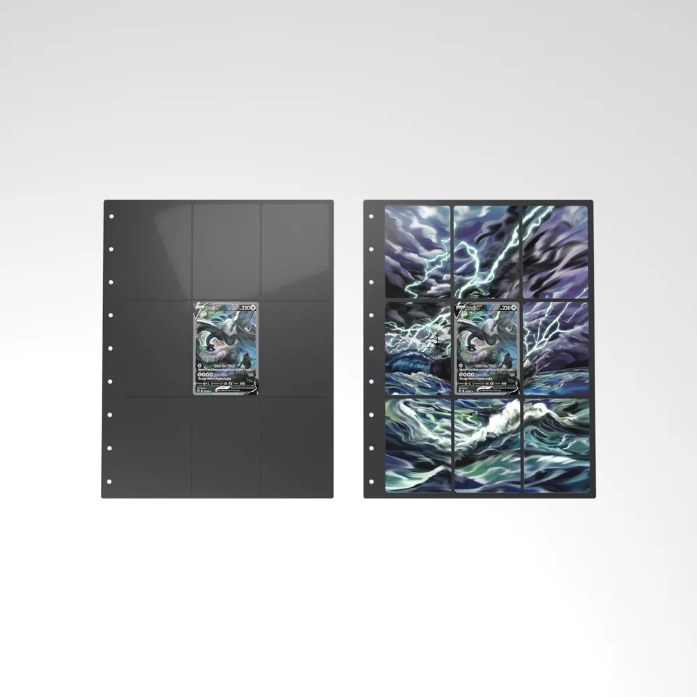 Before and after: the Lugia V card alone in an empty binder page, then surrounded by its eight extended-art cards