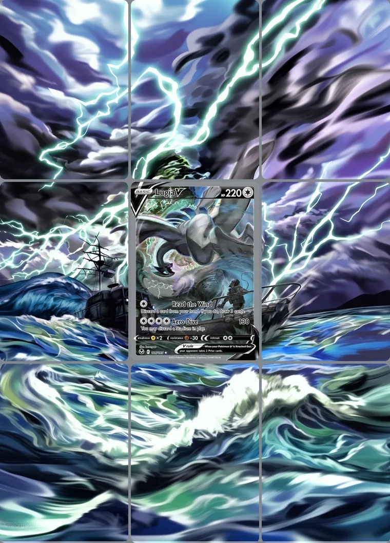 Lugia V 186/195 extended binder art: the card in the centre of a 3×3 binder page, its artwork continuing across the eight cards around it