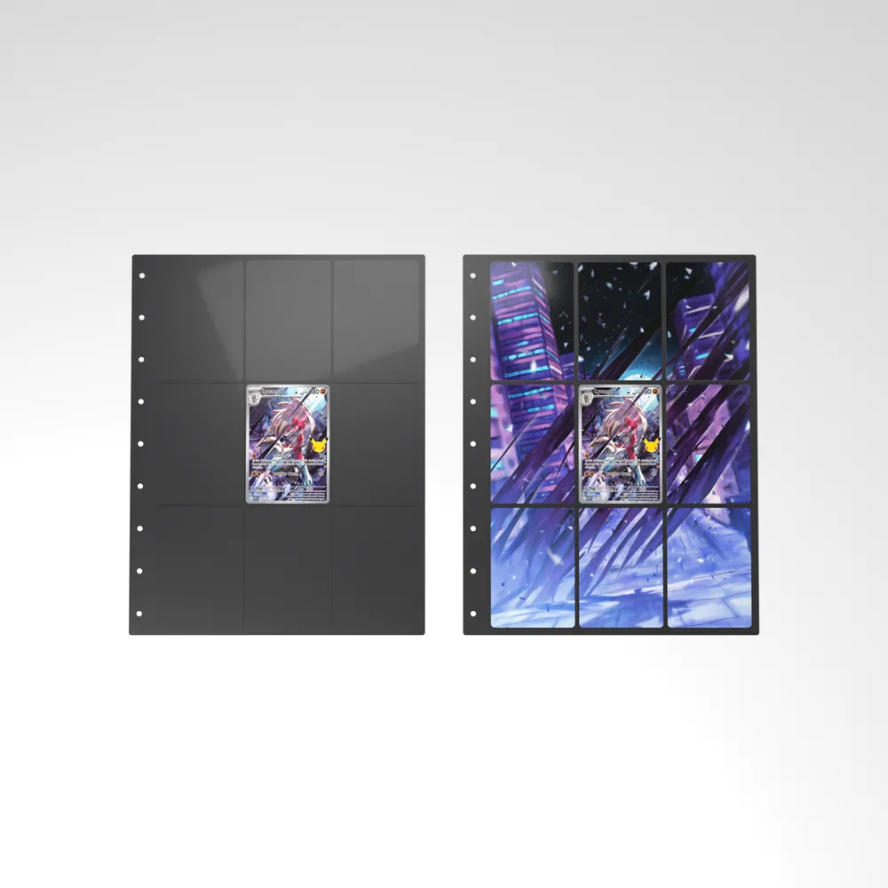Before and after: the Lycanroc card alone in an empty binder page, then surrounded by its eight extended-art cards