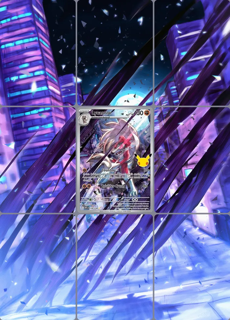 Lycanroc 138/128 extended binder art: the card in the centre of a 3×3 binder page, its artwork continuing across the eight cards around it