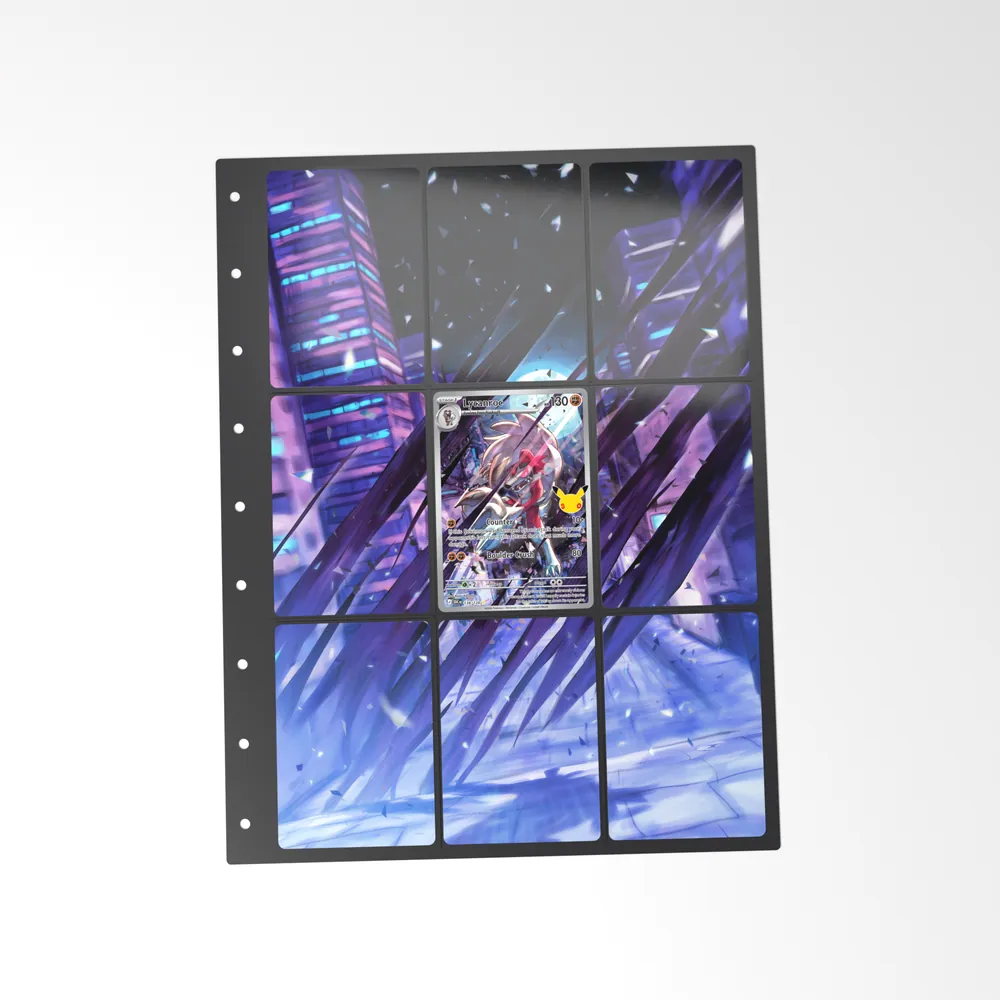 The printed Lycanroc 138/128 set in a 9-pocket binder page, with the card in the centre pocket