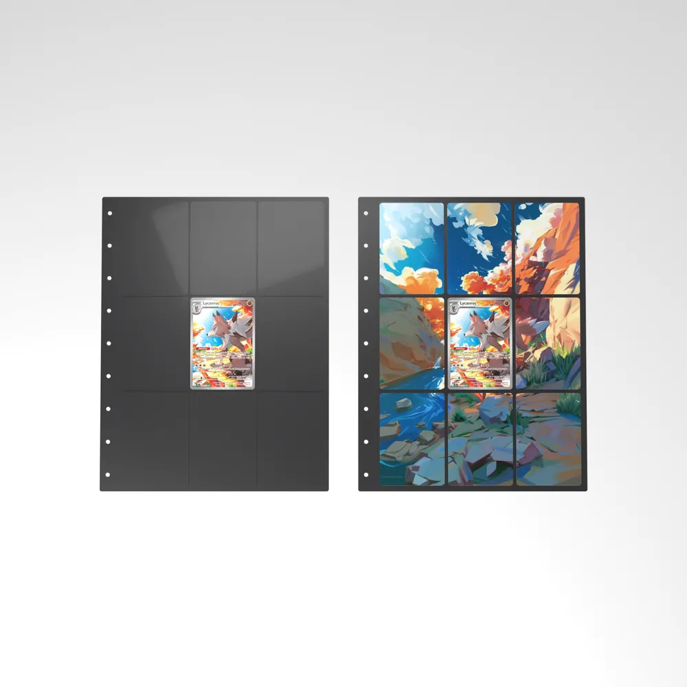 Before and after: the Lycanroc card alone in an empty binder page, then surrounded by its eight extended-art cards