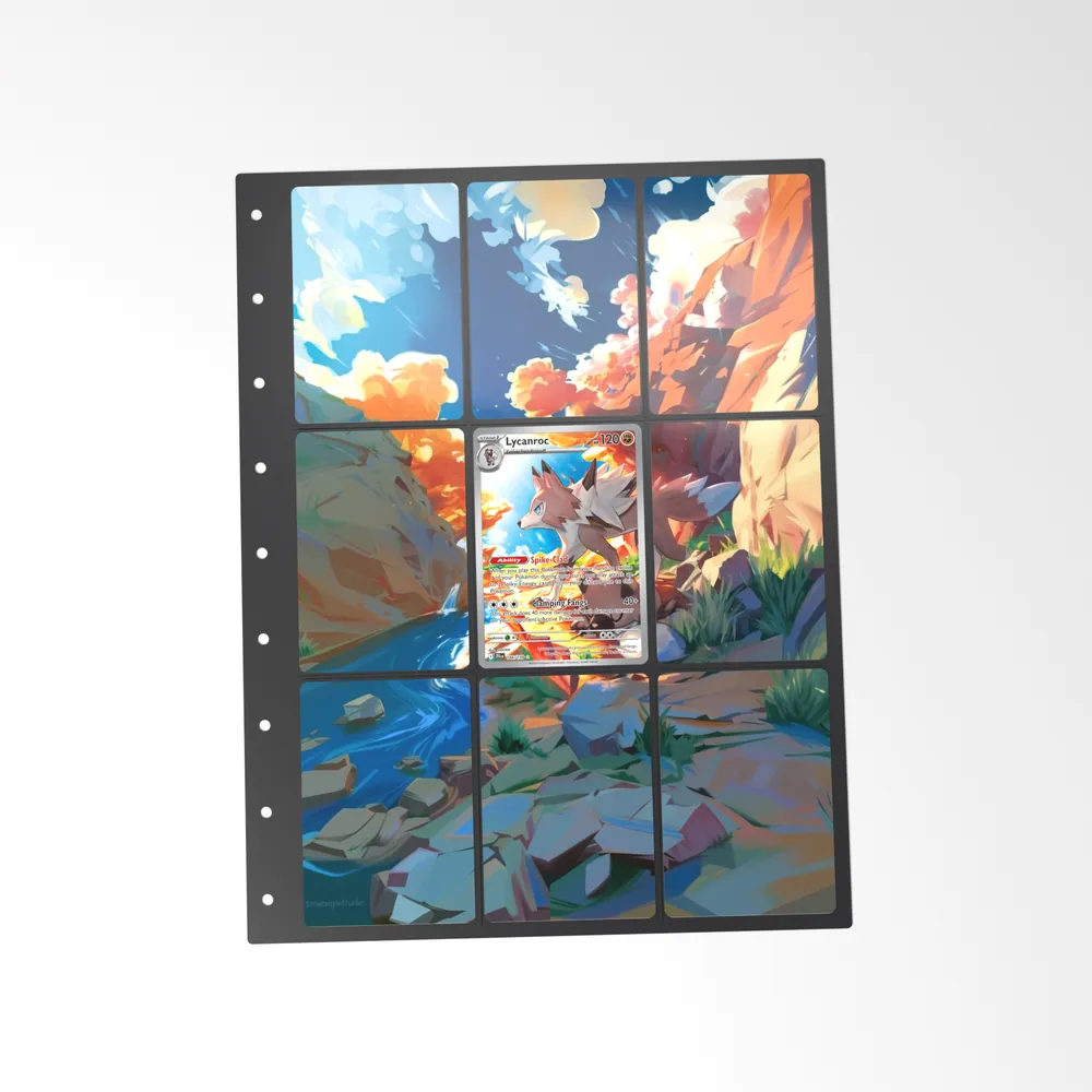 The printed Lycanroc 166/159 set in a 9-pocket binder page, with the card in the centre pocket