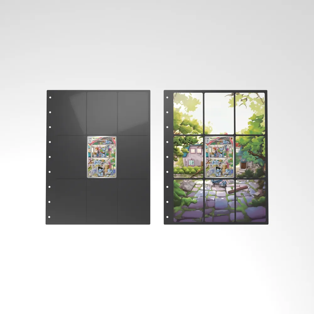 Before and after: the Machoke card alone in an empty binder page, then surrounded by its eight extended-art cards