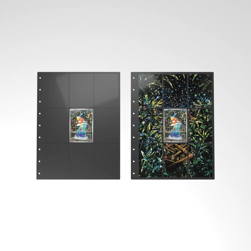 Before and after: the Magikarp card alone in an empty binder page, then surrounded by its eight extended-art cards
