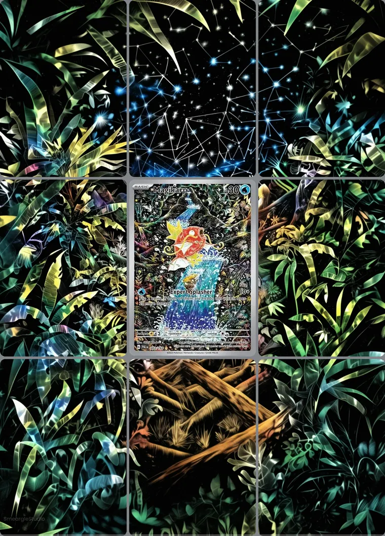 Magikarp 203/193 extended binder art: the card in the centre of a 3×3 binder page, its artwork continuing across the eight cards around it