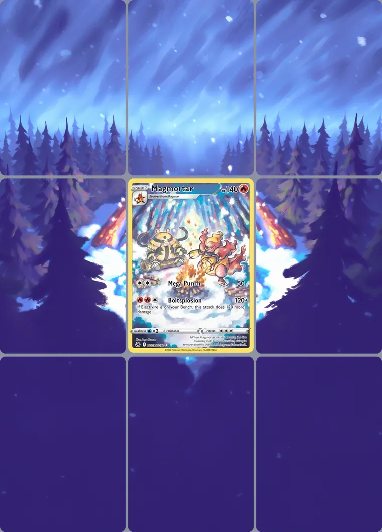 Magmortar GG03/GG70 extended binder art: the card in the centre of a 3×3 binder page, its artwork continuing across the eight cards around it