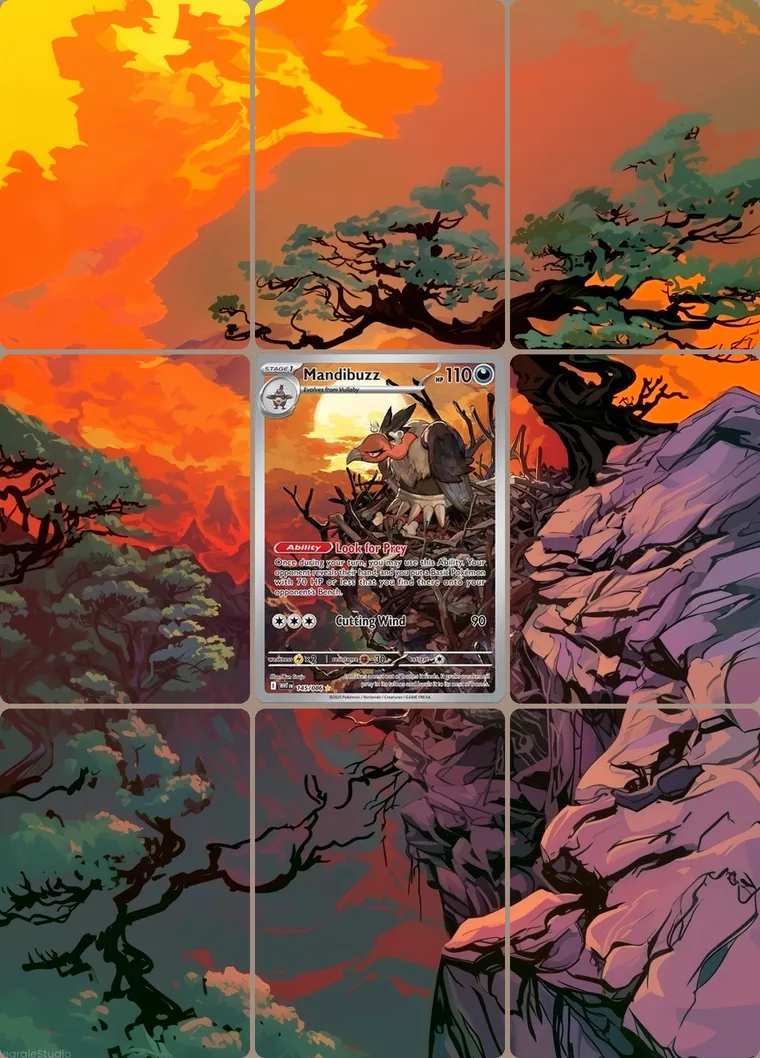 Mandibuzz 145/86 extended binder art: the card in the centre of a 3×3 binder page, its artwork continuing across the eight cards around it