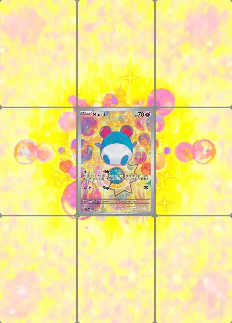 Marill 232/217 extended binder art: the card in the centre of a 3×3 binder page, its artwork continuing across the eight cards around it