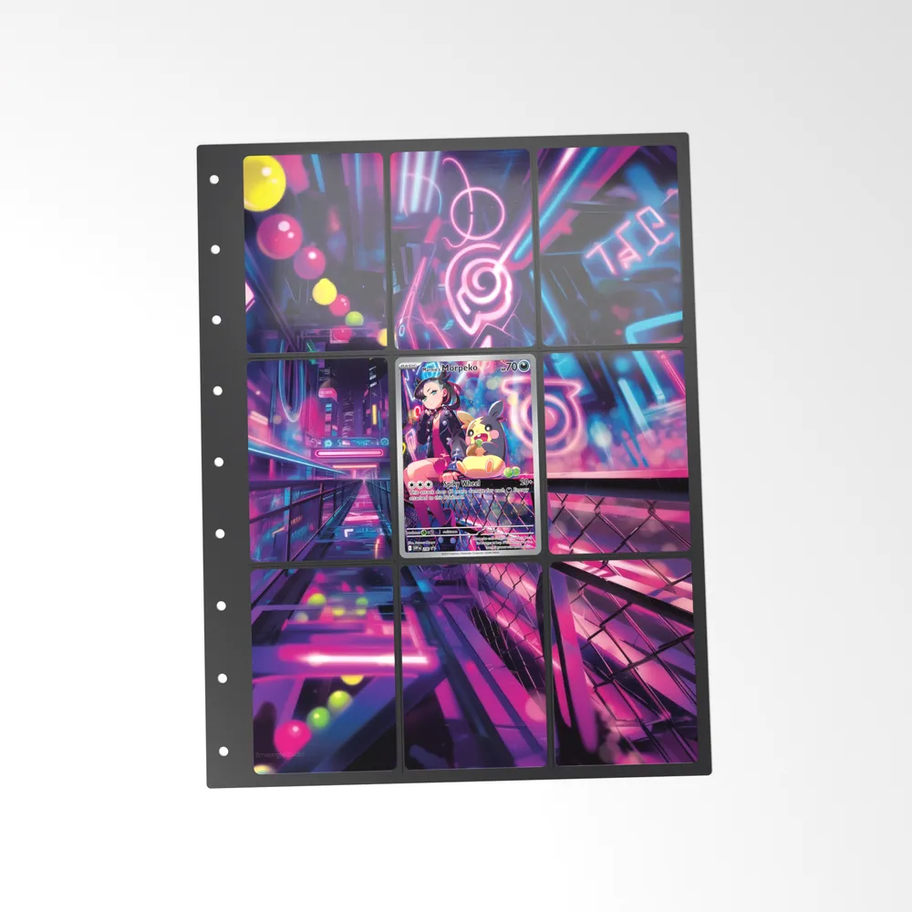 The printed Marnie's Morpeko SVP 206 set in a 9-pocket binder page, with the card in the centre pocket